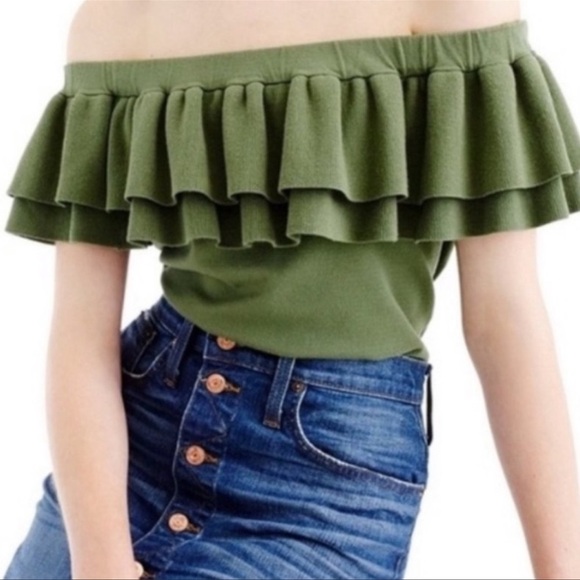 J Crew Olive Green Ruffles  Off Shoulder Crop Top - Picture 1 of 7